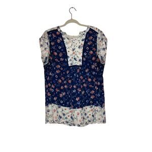 DR2 Floral Colorblock Short Sleeve Blouse 1X Navy Ivory